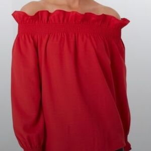 TUCKERNUCK Red Marguerite Off Shoulder Top XS Smocked Preppy